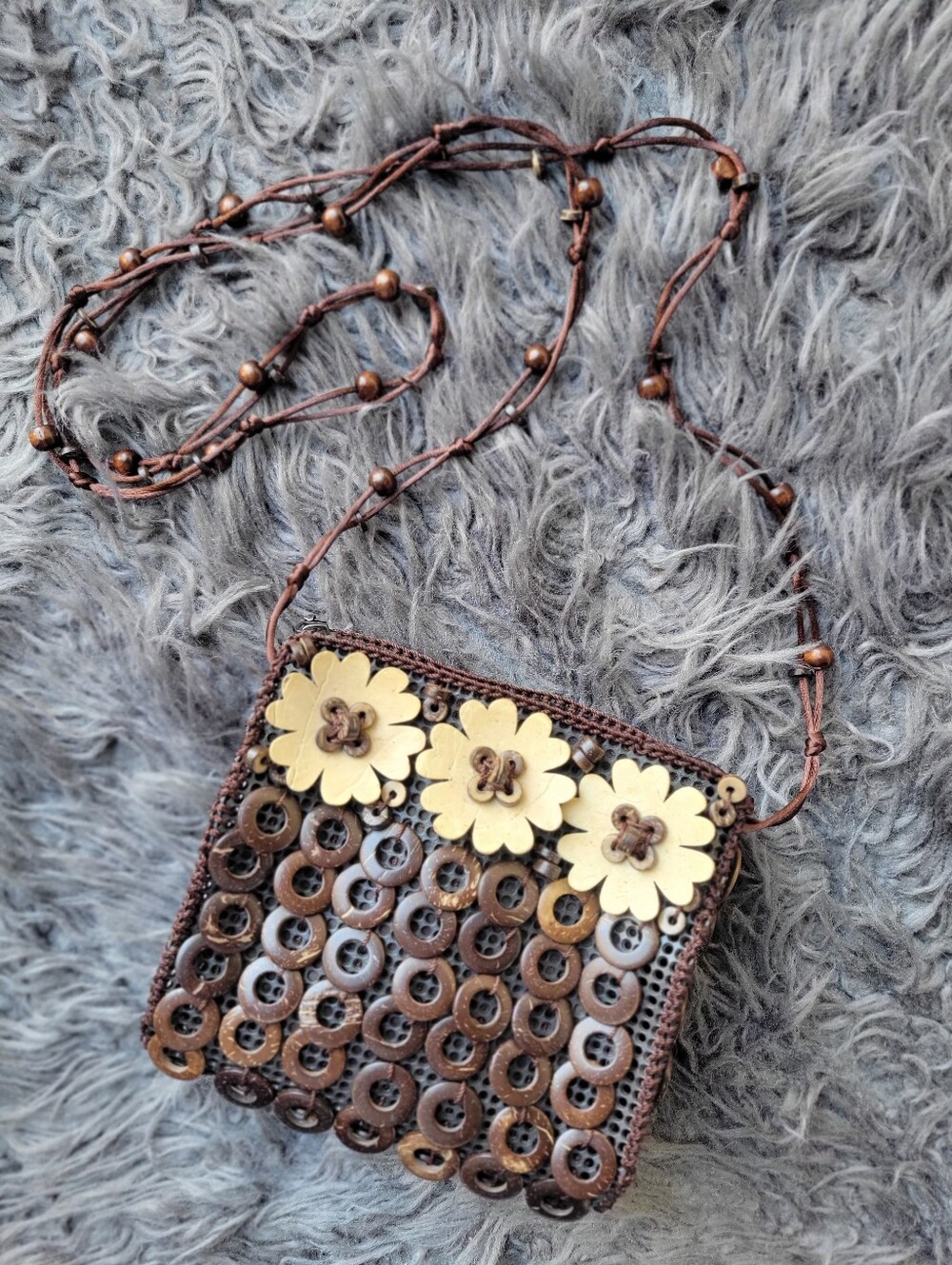 Handcrafted Brown Floral Accent Crossbody Bag